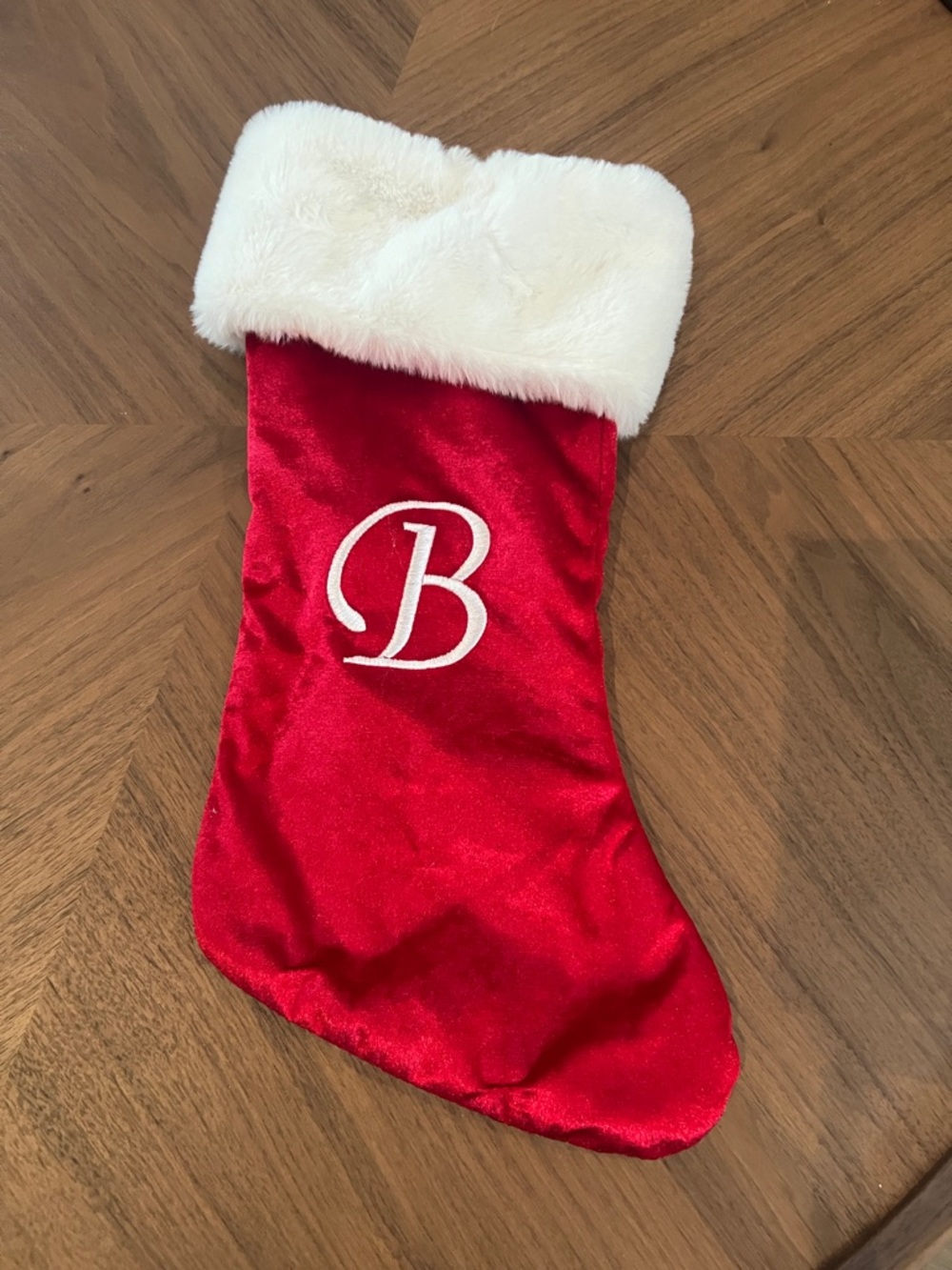 Red Velvet Holiday Stocking with White Faux-Fur Cuff and Monogram B
